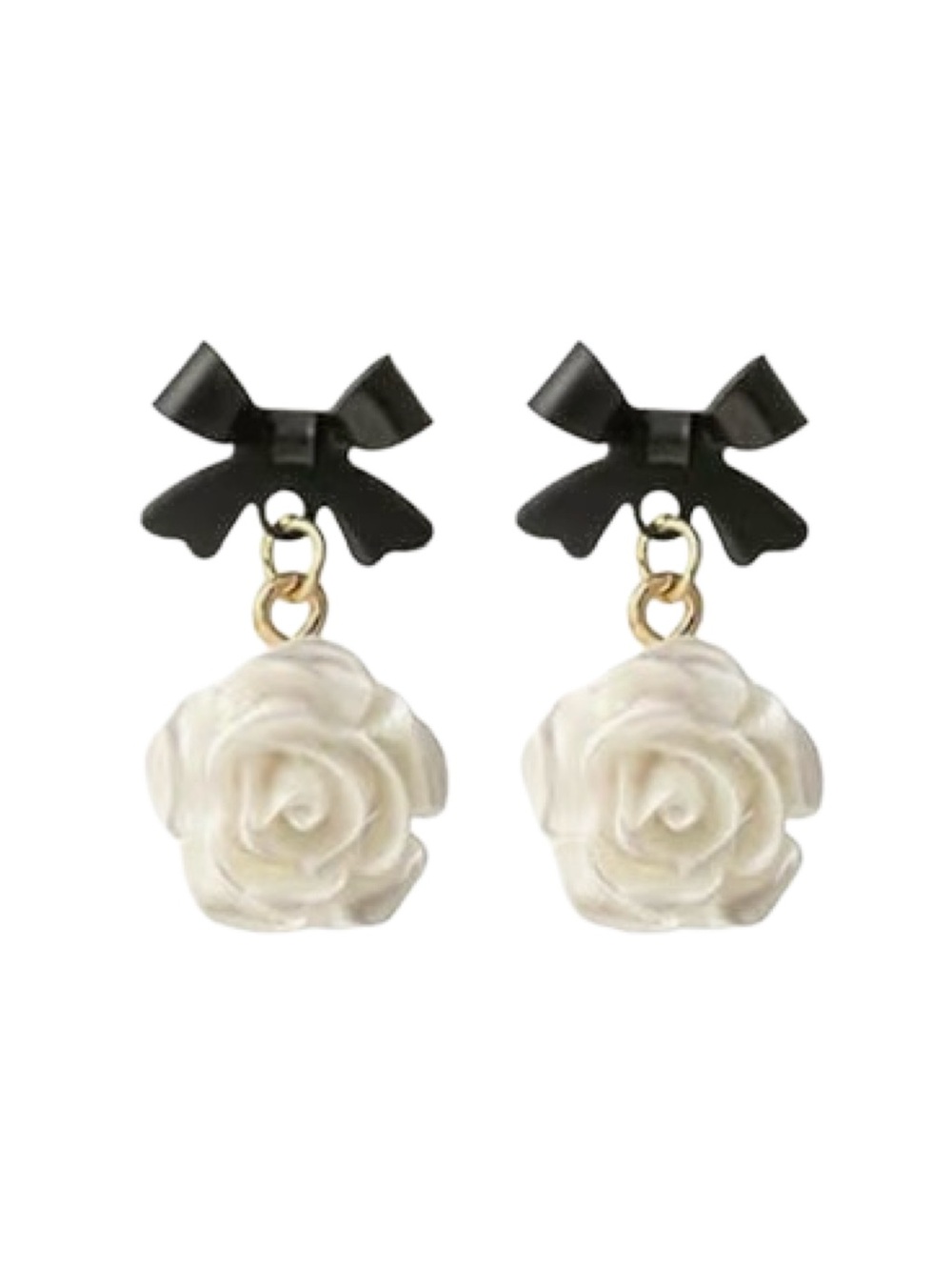 Black Bow & Cream Rose Drop Earrings